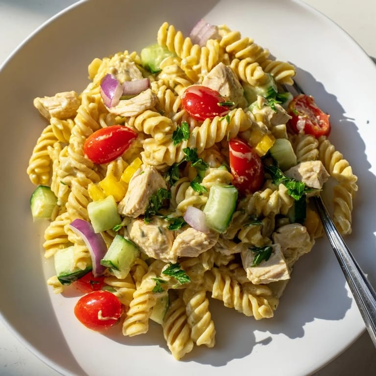 Honey Mustard Chicken Pasta Salad in a white bowl, mixed with cherry tomatoes, cucumbers, and parsley for a vibrant lunch.