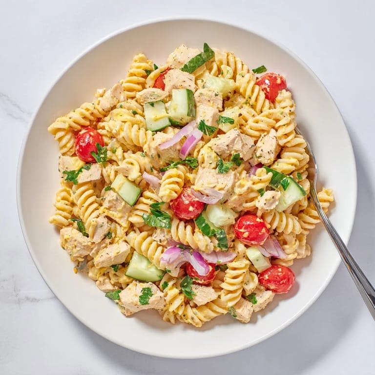 Chilled Honey Mustard Chicken Pasta Salad served on a bed of greens, perfect for a summer picnic or light dinner.
