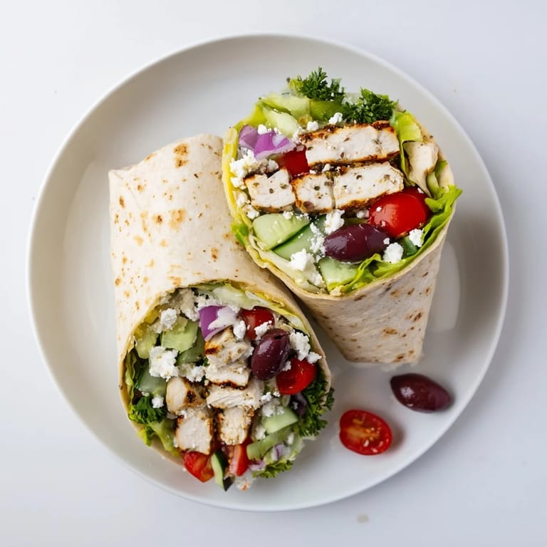 Freshly made Greek Lemon Chicken Salad Wrap resting on a wooden board, featuring tender lemon-herb chicken and colorful Greek salad fillings.