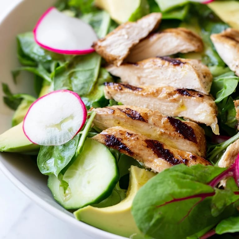 A close-up of this Spring Detox Chicken Salad reveals sliced avocado, mixed greens, and perfectly grilled chicken, served as a light, nourishing main dish.