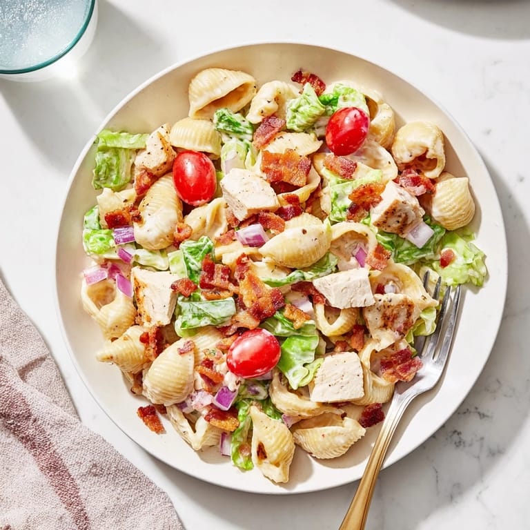 BLT Chicken Pasta Salad tossed with creamy dressing, ready for a potluck or picnic lunch.