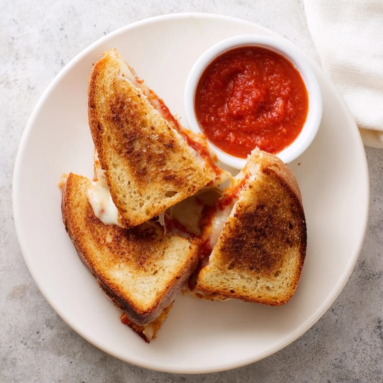 Mozzarella Stick Grilled Cheese sandwich cut diagonally, served with marinara sauce for dipping.  