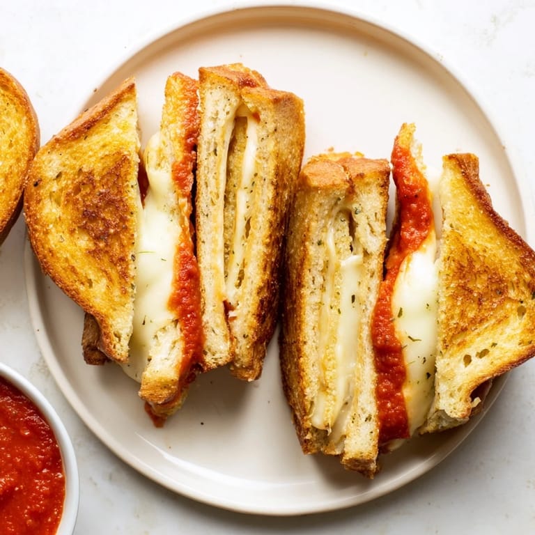 Griddled Mozzarella Stick Grilled Cheese, crust toasted golden, gooey mozzarella sticks visible inside.