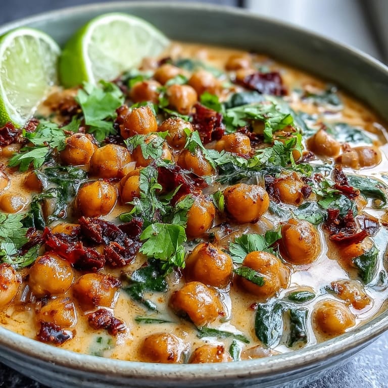 Steaming chickpea curry garnished with fresh cilantro and lime wedges, served alongside fluffy basmati rice.