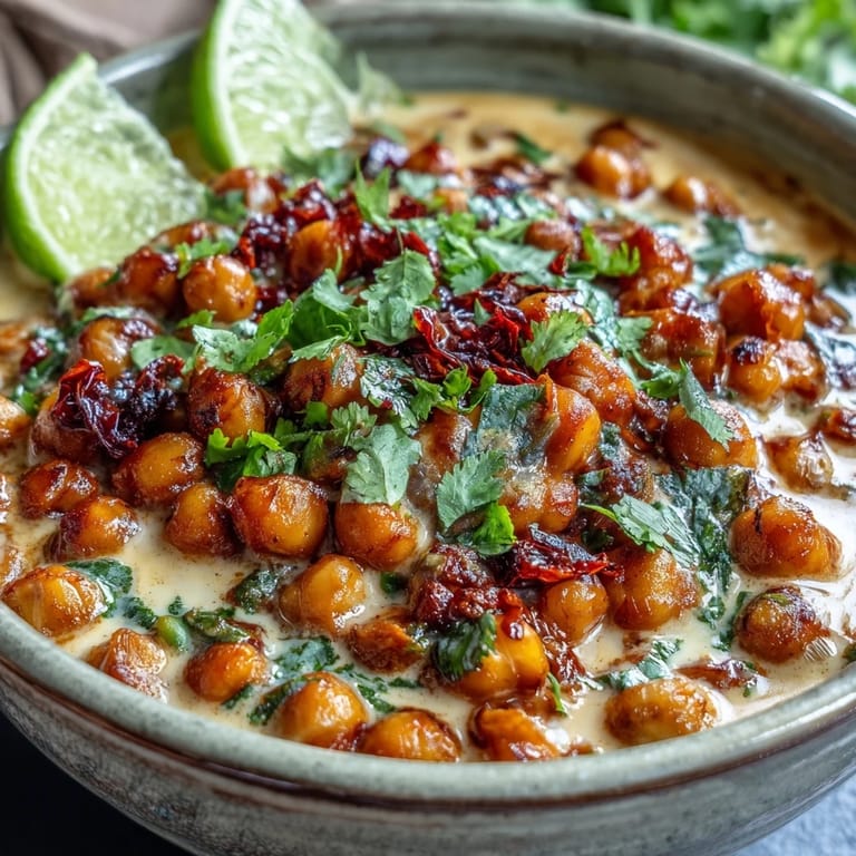 Hearty bowl of chickpea curry mixed with wilted spinach, showcasing a rich, aromatic Indian-inspired dinner.