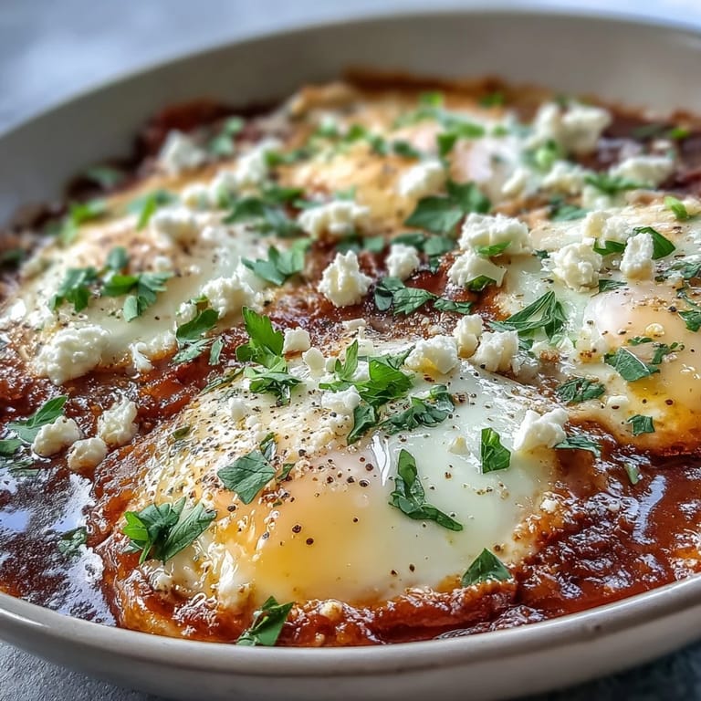 Shakshuka breakfast dish ready to serve, paired with warm crusty bread for dipping in sauce.
