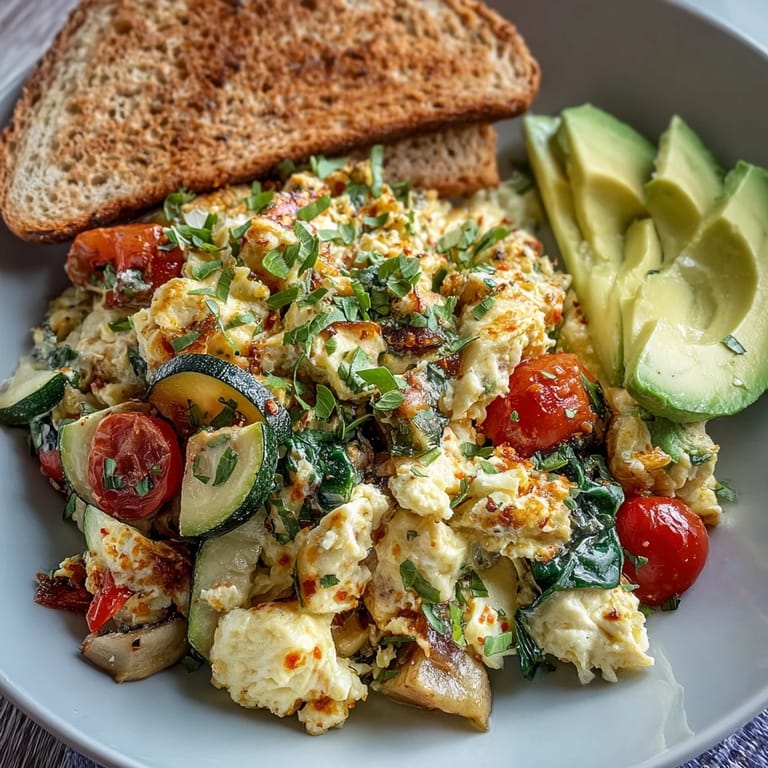 Savory Egg and Vegetable Scramble served hot in a pan, garnished with fresh herbs and ready for a nutritious breakfast.  