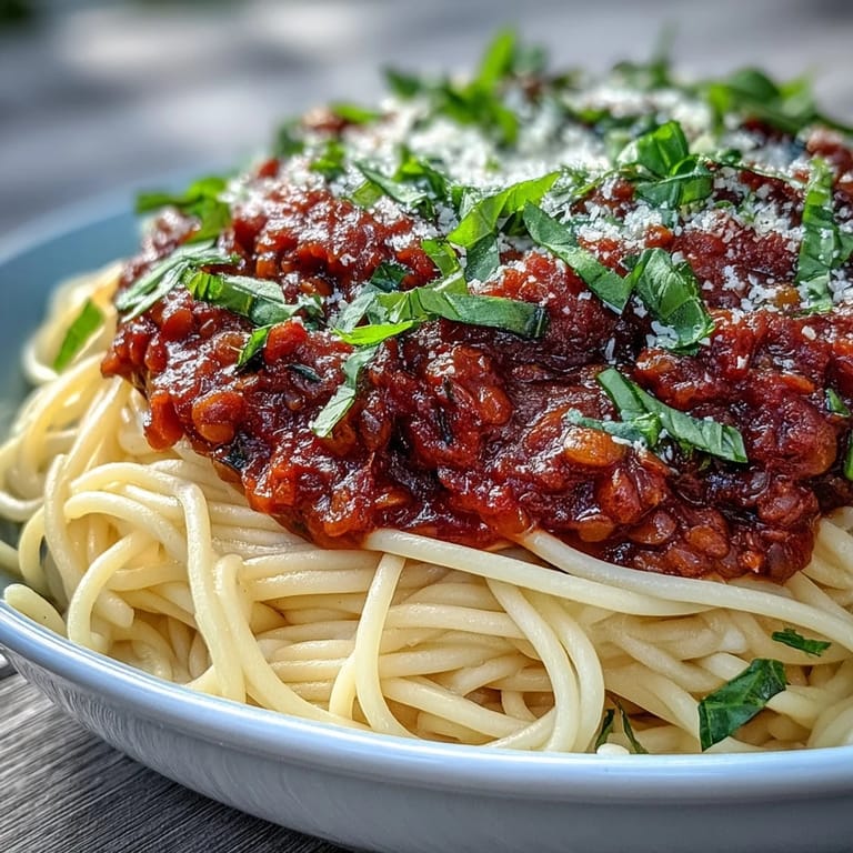 A hearty bowl of vegan Lentil Bolognese, featuring tender lentils and fresh basil garnish, served alongside a glass of red wine.