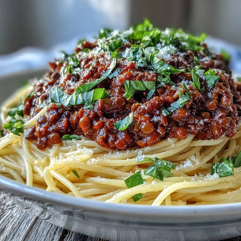 Steaming hot Lentil Bolognese in a skillet, showcasing a thick, tomato-based sauce with visible diced carrots and celery.