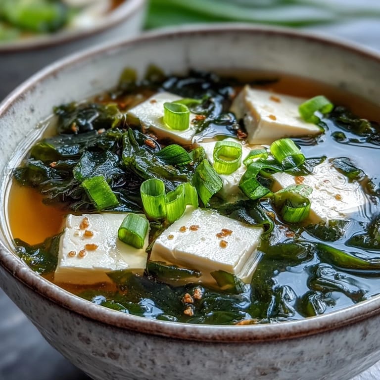 A comforting bowl of miso soup with tofu, garnished with fresh scallions for a simple, nourishing starter.