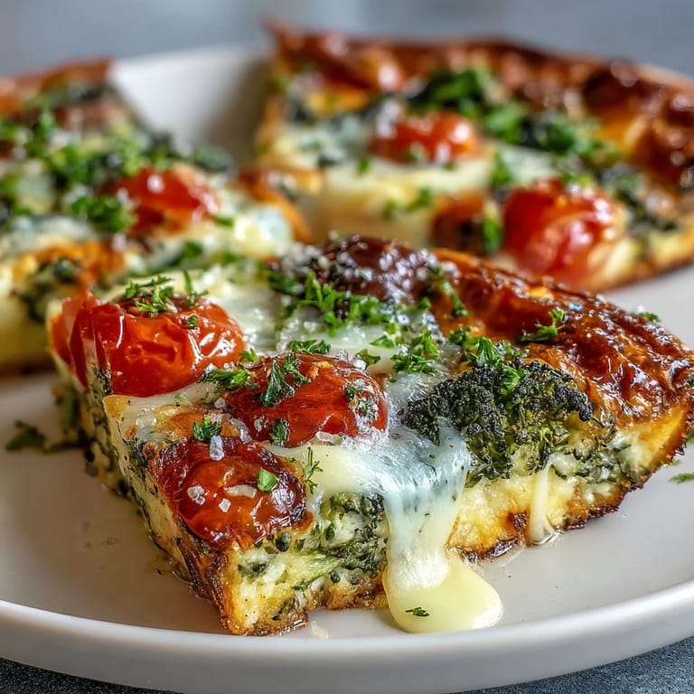 Fresh vegetable frittata loaded with broccoli, bell peppers, zucchini, and cherry tomatoes on a white plate.