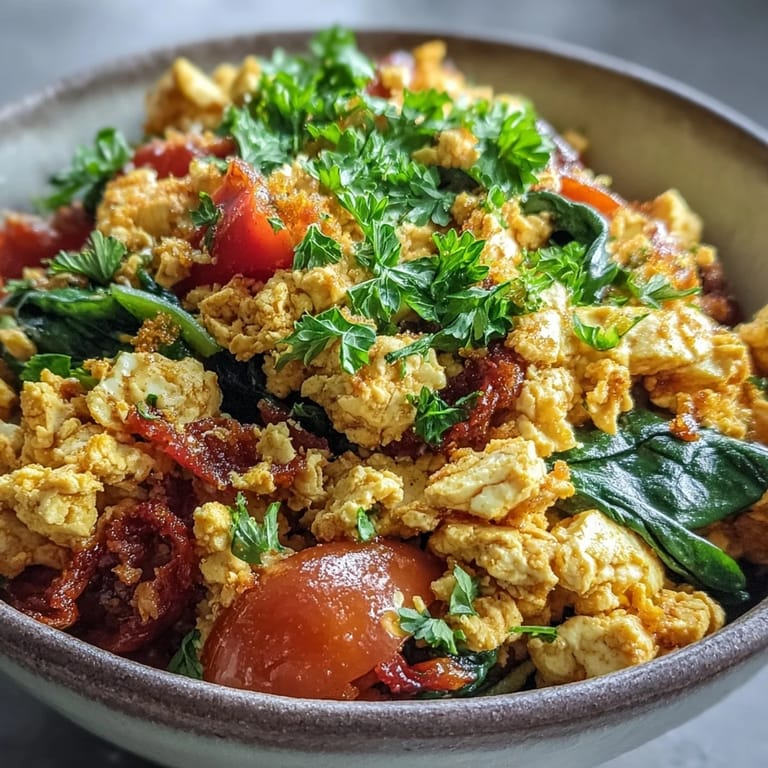 Colorful Tofu Scramble featuring turmeric-spiced crumbles and diced tomatoes, garnished with chives and plated alongside crispy avocado toast.
