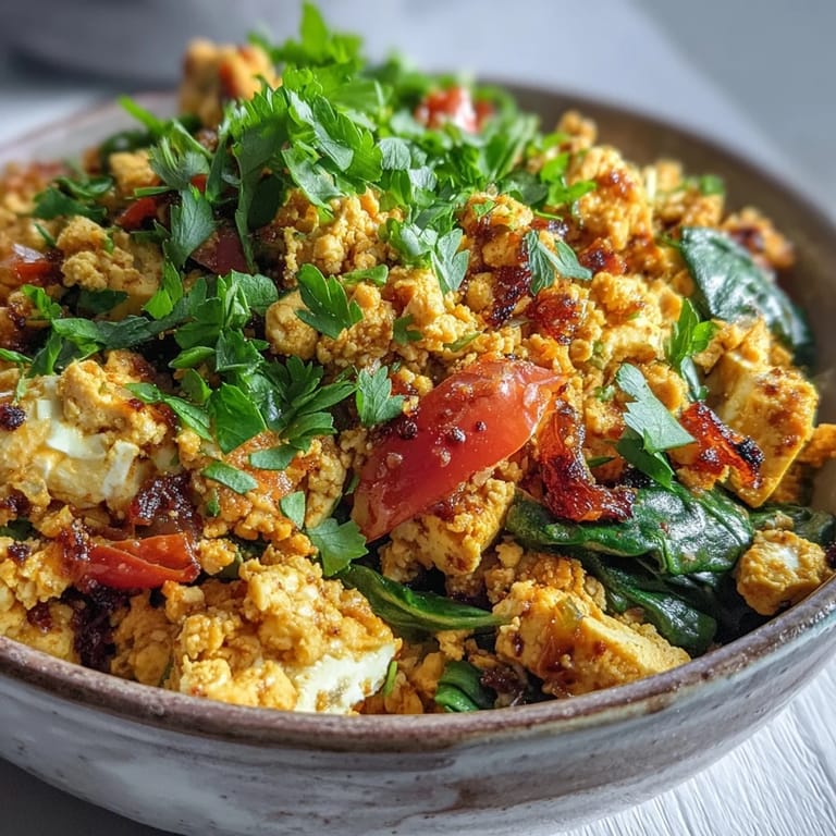 Savory Tofu Scramble cooked in a skillet with onions and peppers, steaming hot and topped with fresh herbs for a protein-rich meal.