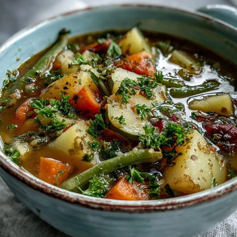 A spoon dips into a vibrant bowl of Potato and Vegetable Soup, showcasing tender potatoes, carrots, peas, and green beans.