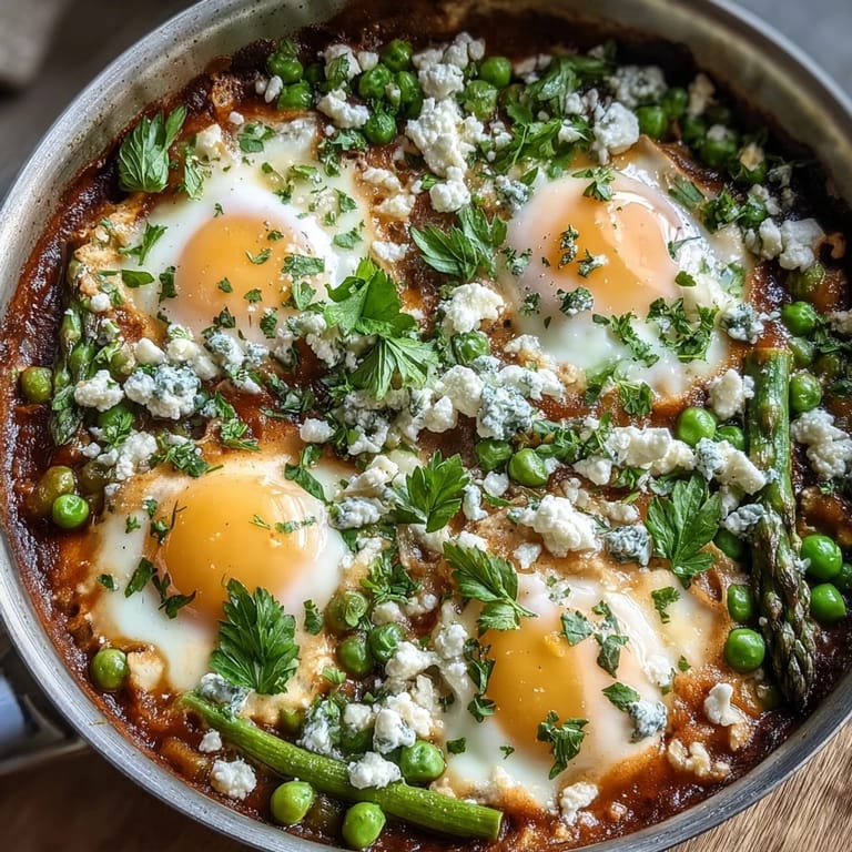Pan of Middle Eastern Pea and Broad Bean Shakshuka topped with crumbled feta and herbs.