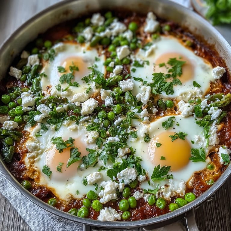 Vibrant vegetarian Pea and Broad Bean Shakshuka with peas, broad beans, and asparagus in tomato sauce.