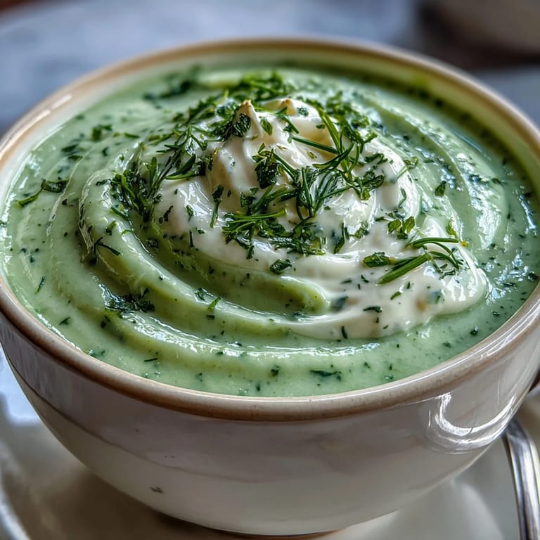 Ladle of Creamy Celery and Herb Soup beside crusty bread and a sprinkle of black pepper.