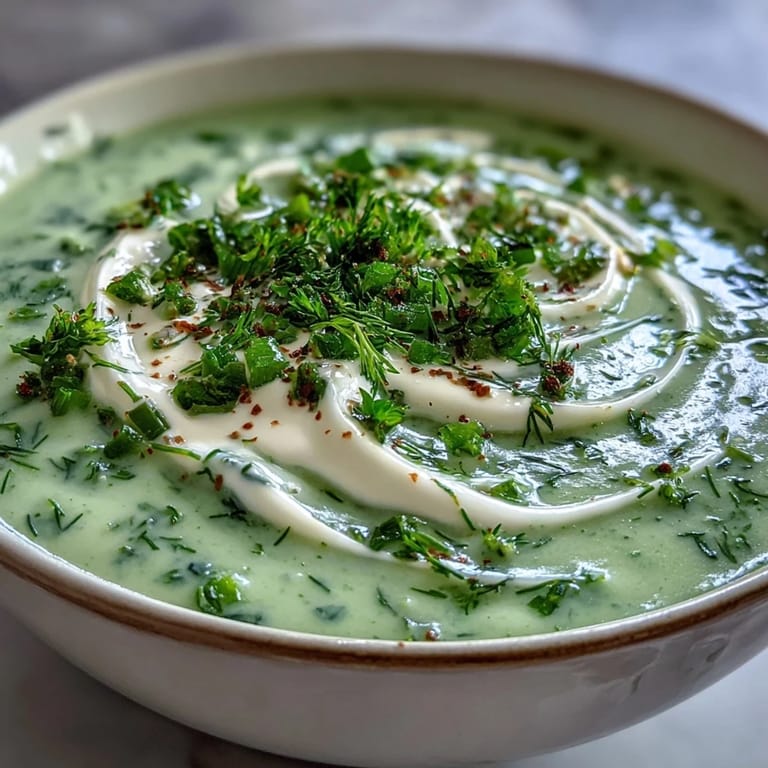 Bright green herbs and tender celery pieces swirl in this creamy, blended soup served warm for comfort.