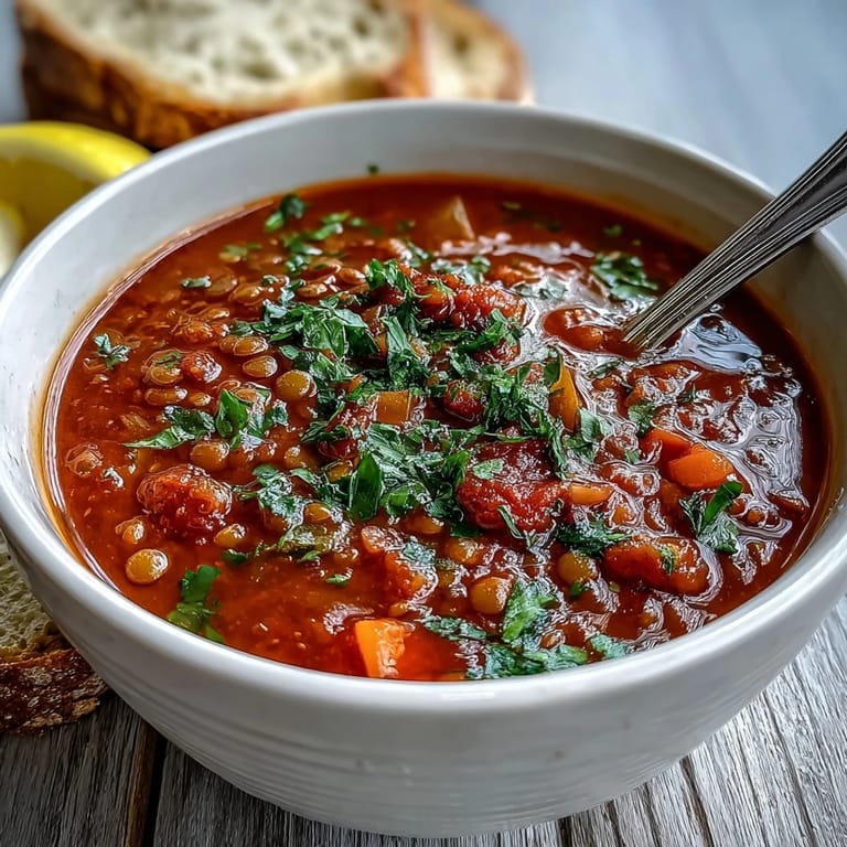 Hearty Tomato Lentil Soup simmering in a pot with carrots, celery, and spices.