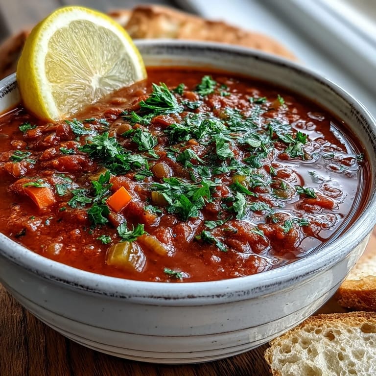 Vibrant red Tomato Lentil Soup served in a rustic mug with crusty bread.