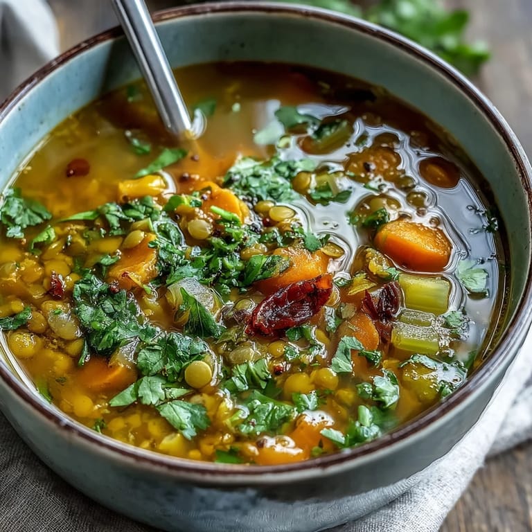 Steaming bowl of Mung Bean Soup paired with warm naan bread and a lemon wedge for bright flavor.