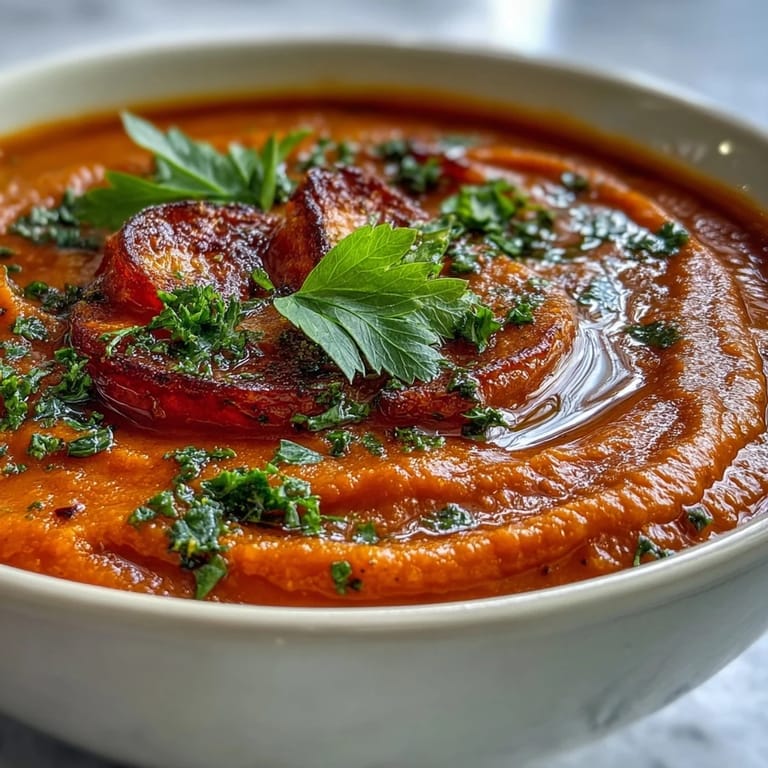 Roasted vegetable soup in a rustic bowl with croutons, perfect for a cozy, chilly day.
