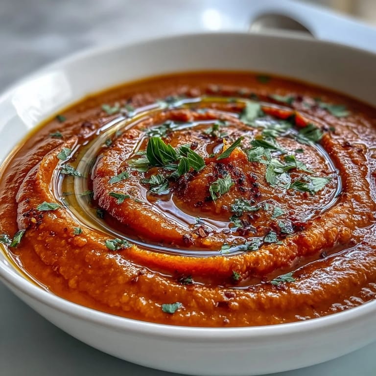 Velvety roasted vegetable soup drizzled with olive oil, featuring carrots, sweet potato, and red bell pepper. 