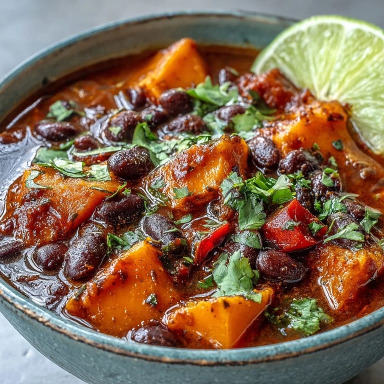 Creamy sweet potato and black bean soup with fresh cilantro and lime wedges, served in a rustic bowl for a cozy, hearty meal.  