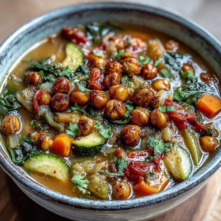 A close-up of Spiced Chickpea and Vegetable Soup with garnished cilantro and crispy chickpeas resting on a rustic kitchen counter.  