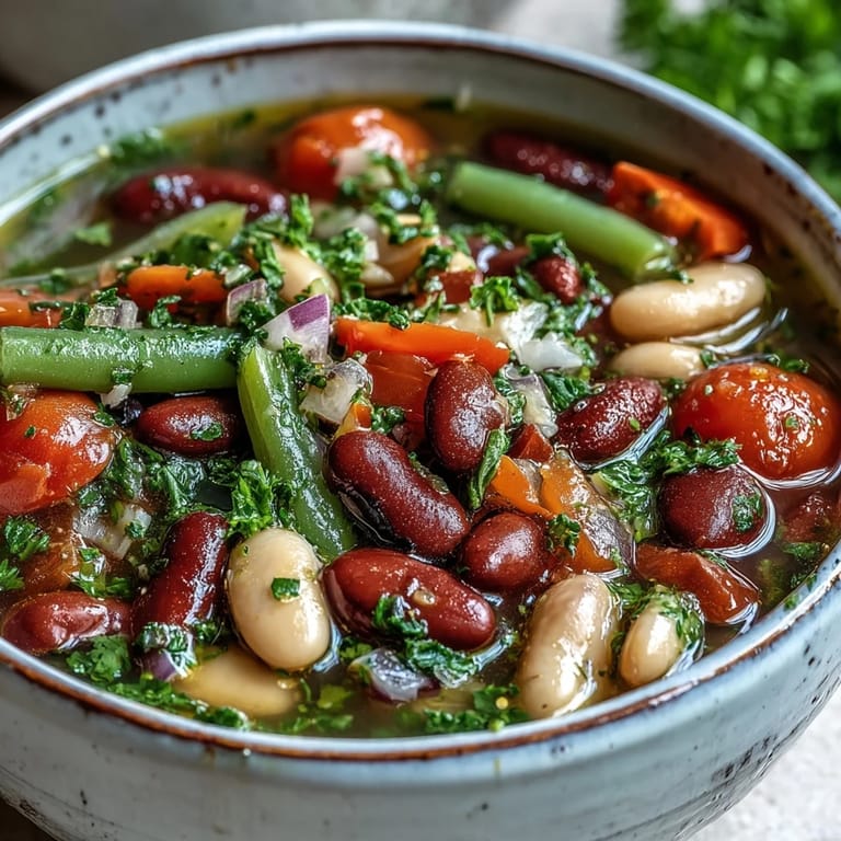 A steaming bowl of Three-Bean Salad Soup garnished with fresh parsley, ready to serve with crusty bread.  