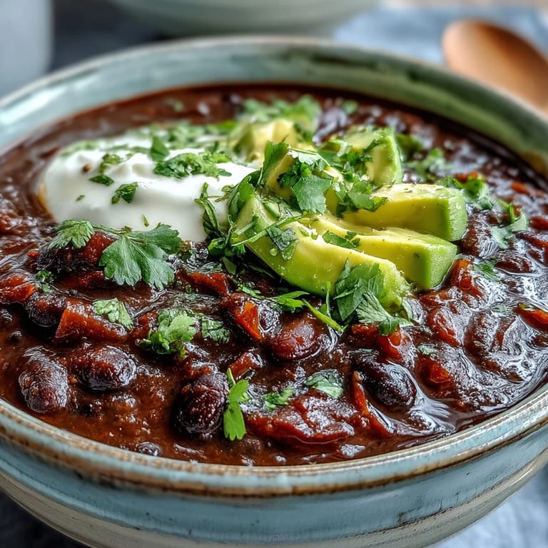 Close-up of rich, spiced black bean soup simmering in a pot, with diced vegetables and a swirl of olive oil on top.