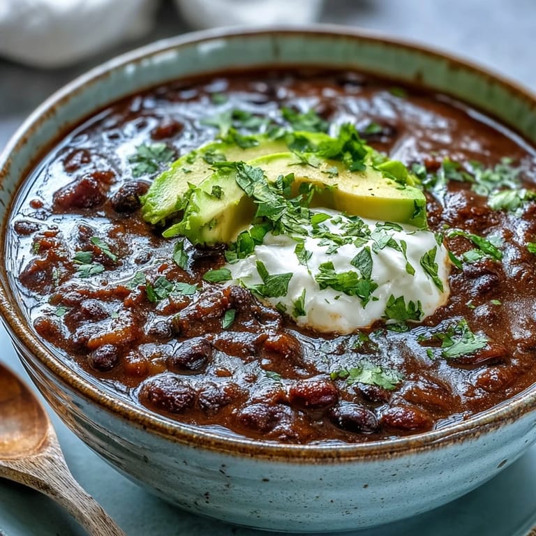 Hearty black bean soup served in a rustic bowl, topped with sour cream and red onion alongside warm crusty bread.