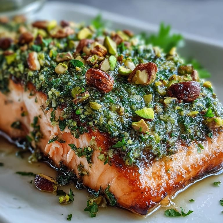 Moist Confit Salmon With Tahini, Pistachio and Herb Crust served with olive oil drizzle and flatbread.
