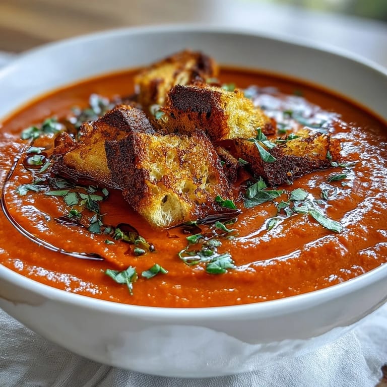 Silky roasted red pepper soup with harissa warmth, topped with olive oil croutons for crunch.