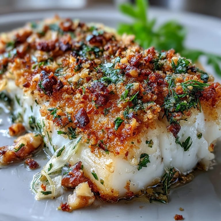 Tender halibut with baked fennel and crispy walnut breadcrumb topping, served warm.