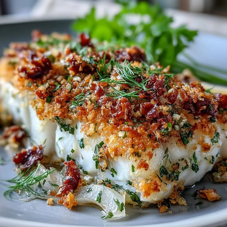 Lemon-scented halibut fillets baked with fennel, topped with golden walnut pangrattato for texture.
