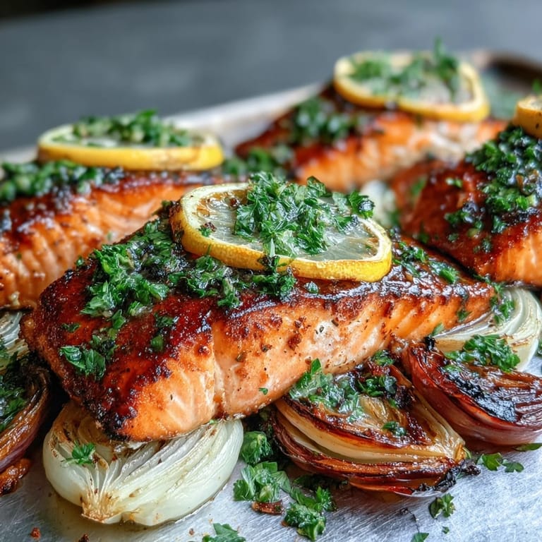 Freshly roasted One-Pan Roast Salmon With Leeks, Onions, and Parsley Dressing served hot with vibrant colors and steam rising.