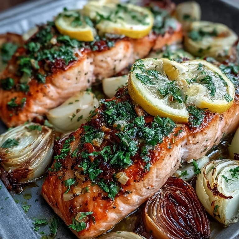 Gluten-free One-Pan Roast Salmon With Leeks, Onions, and Parsley Dressing plated with lemon wedges and a side of fresh herbs.