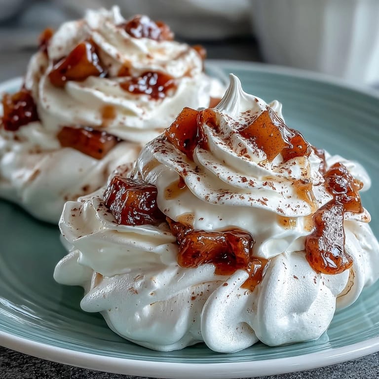 Eight Mini Hot Toddy Pavlovas topped with whipped cream and spiced pears on a rustic table for a festive dessert.