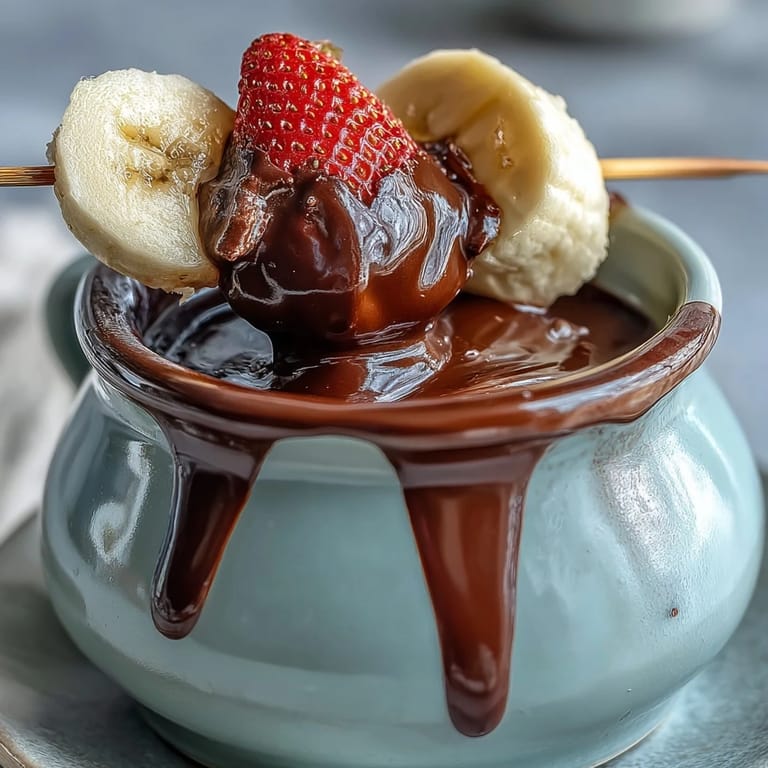 A warm Boozy Chocolate Fondue in a pot with sliced apples and marshmallows on a rustic board.