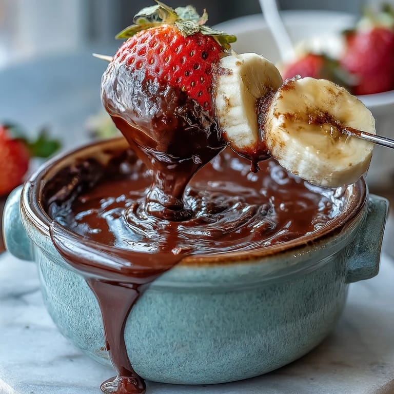 Steam rises from Boozy Chocolate Fondue as pretzel sticks and strawberries sit beside the rich chocolate.