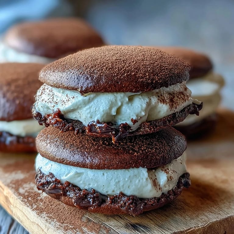 Close-up of Tiramisu Whoopie Pies showcasing a fluffy coffee cream sandwiched between tender cocoa cookies.