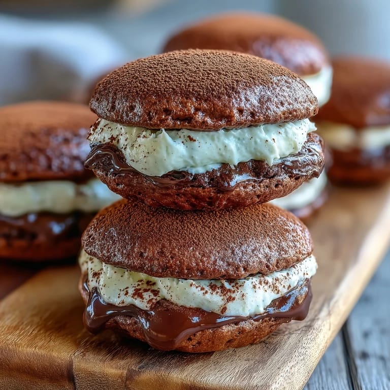 Freshly baked Tiramisu Whoopie Pies are stacked high with a rich espresso mascarpone filling.