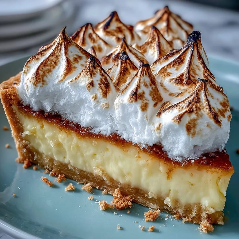Detailed view of Lemon Meringue Pie showing fluffy meringue peaks and a crisp, golden pastry crust ready to serve.