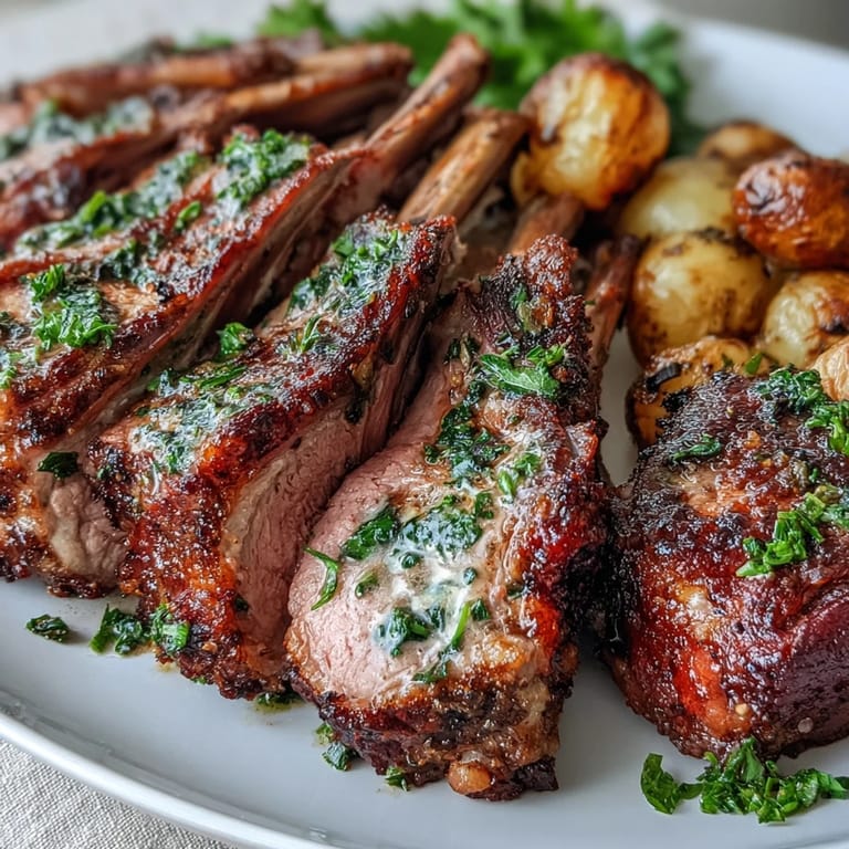 Elegant One-Pan Roast Rack of Lamb served with rustic potatoes and a bright parsley and green olive mixture.