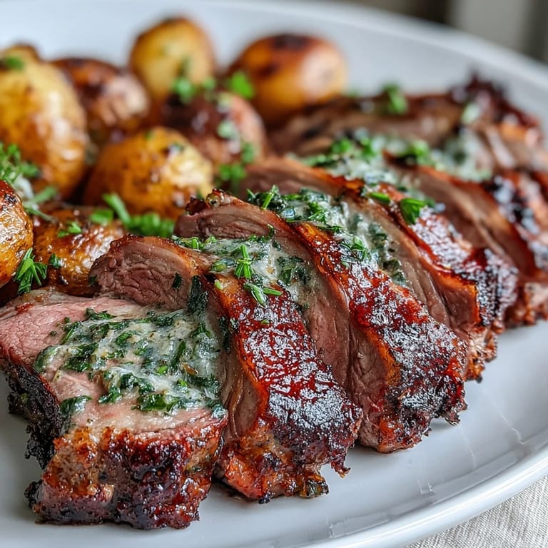 A succulent One-Pan Roast Rack of Lamb is plated with buttery potatoes and a zesty lemon-olive garnish.
