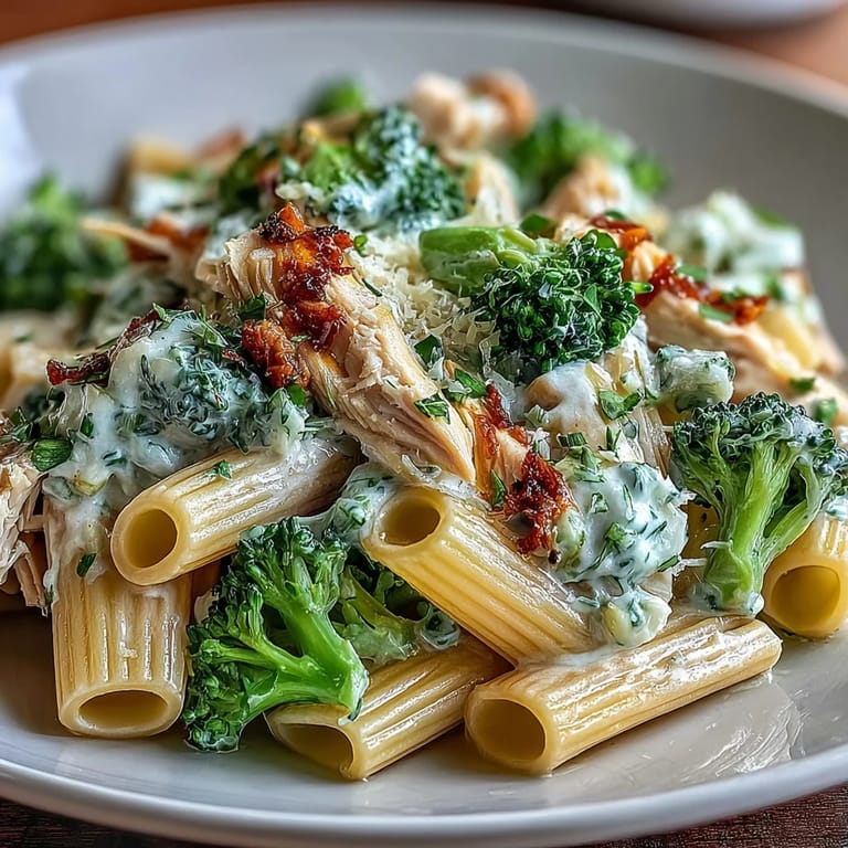 Sizzling skillet of High Protein Rotisserie Chicken Broccoli Pasta featuring garlic, lemon zest, and fresh parsley.