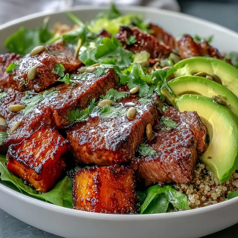 Sizzling flank steak slices rest atop warm butternut squash steak bowls, garnished with red onion and toasted pumpkin seeds for extra crunch.