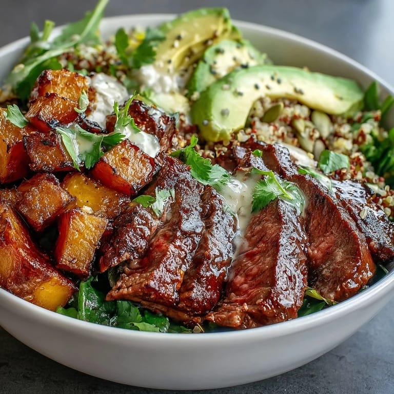 Colorful gluten-free butternut squash steak bowls served for dinner, featuring tender roasted squash, fresh greens, and a bright, zesty lime dressing.