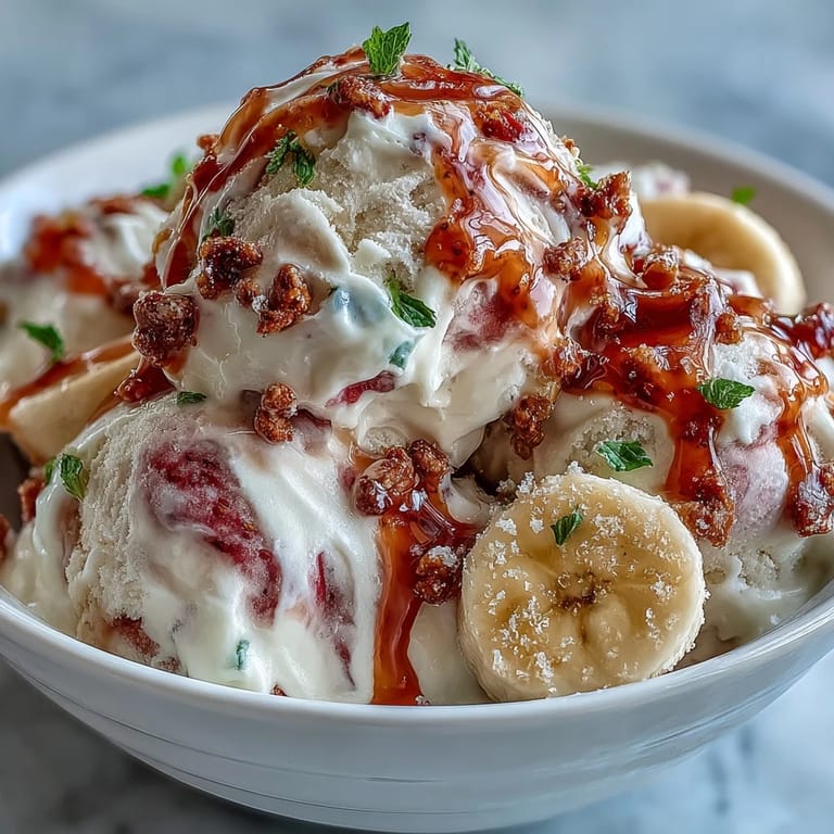 Six serving-size Strawberry & Banana Yoghurt Clusters stacked with fresh banana slices and strawberries. 